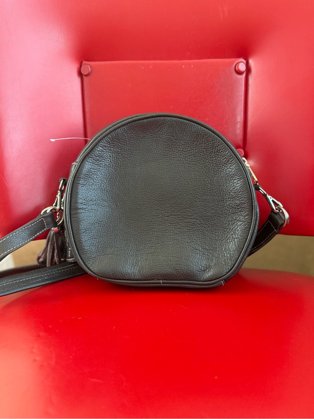 Round Cowhide Crossbody Bag in Brown and White - Picture 2 of 4